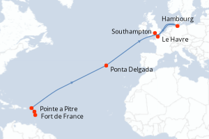 carte itinéraire croisière Transatlantique 16 jours au départ du port de Fort de France