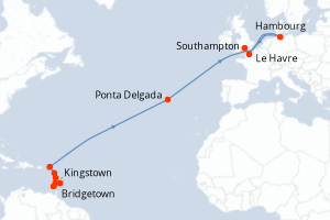 carte itinéraire croisière Transatlantique 20 jours au départ du port de Bridgetown
