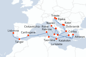 carte itinéraire croisière Atlantique 24 jours au départ du port de Trieste