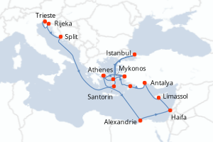 carte itinéraire croisière Adriatique 21 jours au départ du port de Trieste
