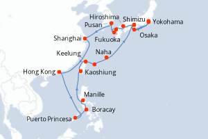 carte itinéraire croisière Asie 28 jours au départ du port de Yokohama
