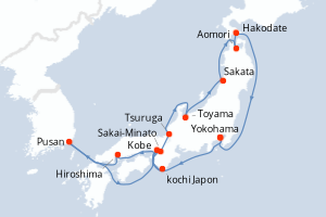 carte itinéraire croisière Asie 14 jours au départ du port de Yokohama