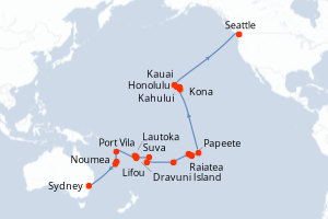 carte itinéraire croisière Alaska 36 jours au départ du port de Sydney