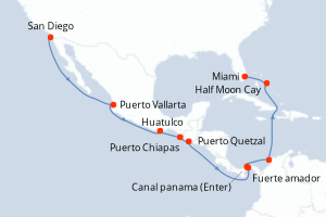 Carte de l'itinéraire de croisière San Diego-Miami d'une durée de 15 jours