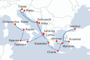 carte itinéraire croisière Sicile 21 jours au départ du port de Athenes