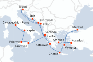 carte itinéraire croisière Sicile 21 jours au départ du port de Athenes