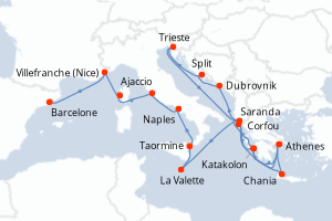 carte itinéraire croisière Sicile 21 jours au départ du port de Athenes