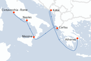 carte itinéraire croisière Sicile 7 jours au départ du port de Athenes