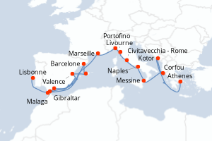 carte itinéraire croisière Atlantique 21 jours au départ du port de Athenes