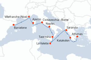 carte itinéraire croisière Sicile 11 jours au départ du port de Athenes