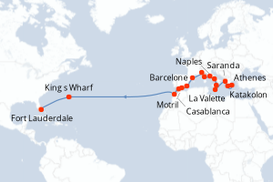 carte itinéraire croisière Transatlantique 26 jours au départ du port de Athenes