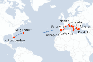 carte itinéraire croisière Transatlantique 25 jours au départ du port de Athenes