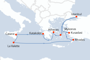 carte itinéraire croisière Sicile 14 jours au départ du port de Le Piree - Athenes