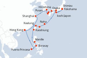 carte itinéraire croisière Asie 28 jours au départ du port de Hong Kong