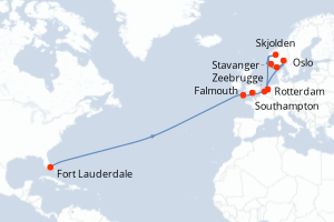 carte itinéraire croisière Transatlantique 21 jours au départ du port de Fort Lauderdale