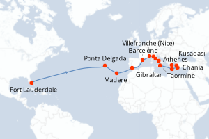 carte itinéraire croisière Transatlantique 25 jours au départ du port de Fort Lauderdale