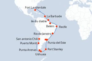 Carte de l'itinéraire de croisière Fort Lauderdale-San antonio Chili d'une durée de 37 jours