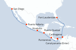 carte itinéraire croisière Transatlantique 14 jours au départ du port de Fort Lauderdale