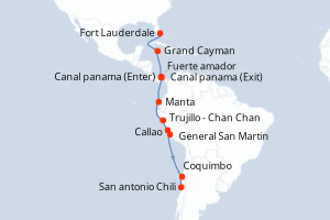 Carte de l'itinéraire de croisière Fort Lauderdale-San antonio Chili d'une durée de 17 jours