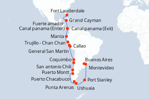 Carte de l'itinéraire de croisière Fort Lauderdale-Buenos Aires d'une durée de 31 jours
