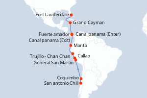 Carte de l'itinéraire de croisière San antonio Chili-Fort Lauderdale d'une durée de 17 jours
