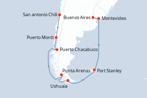 Carte de l'itinéraire de croisière San antonio Chili-Buenos Aires d'une durée de 14 jours