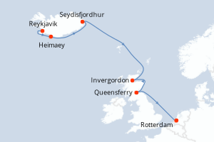 Carte de l'itinéraire de croisière Reykjavik-Rotterdam d'une durée de 7 jours