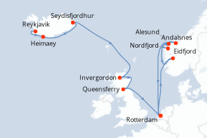 Carte de l'itinéraire de croisière Reykjavik-Rotterdam d'une durée de 14 jours