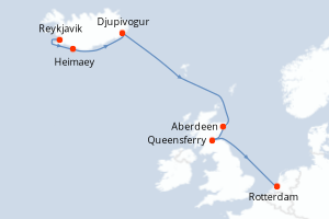 Carte de l'itinéraire de croisière Reykjavik-Rotterdam d'une durée de 7 jours