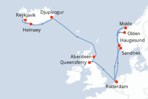 Carte de l'itinéraire de croisière Reykjavik-Rotterdam d'une durée de 14 jours
