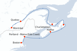 Carte de l'itinéraire de croisière Boston-Montréal d'une durée de 7 jours