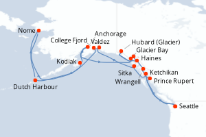 carte itinéraire croisière Alaska 28 jours au départ du port de Seattle