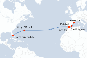 carte itinéraire croisière Transatlantique 14 jours au départ du port de Barcelone