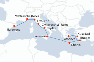 carte itinéraire croisière Sicile 11 jours au départ du port de Barcelone