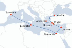 carte itinéraire croisière Méditerranée 14 jours au départ du port de Barcelone