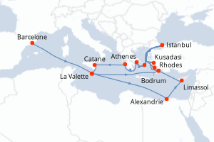carte itinéraire croisière Sicile 28 jours au départ du port de Barcelone