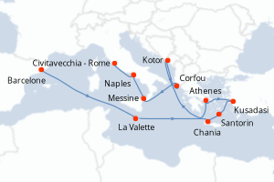 carte itinéraire croisière Sicile 14 jours au départ du port de Barcelone