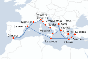 carte itinéraire croisière Sicile 21 jours au départ du port de Barcelone