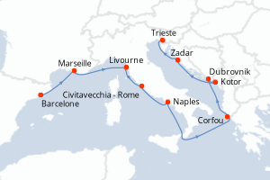 carte itinéraire croisière Méditerranée 11 jours au départ du port de Barcelone