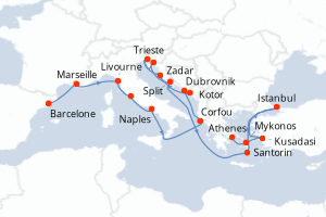 carte itinéraire croisière Méditerranée 21 jours au départ du port de Barcelone