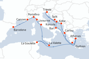 carte itinéraire croisière Méditerranée 20 jours au départ du port de Barcelone
