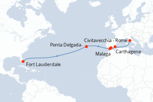 carte itinéraire croisière Transatlantique 14 jours au départ du port de Civitavecchia - Rome