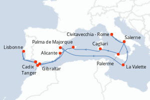 carte itinéraire croisière Sicile 21 jours au départ du port de Civitavecchia - Rome