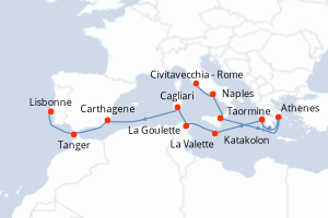 carte itinéraire croisière Atlantique 14 jours au départ du port de Civitavecchia - Rome