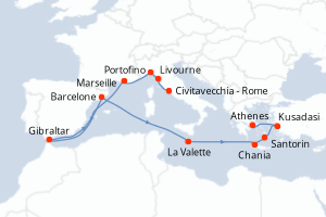 carte itinéraire croisière Méditerranée 14 jours au départ du port de Civitavecchia - Rome