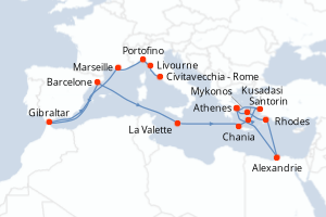 carte itinéraire croisière Méditerranée 21 jours au départ du port de Civitavecchia - Rome