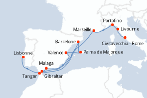 carte itinéraire croisière Atlantique 14 jours au départ du port de Civitavecchia - Rome