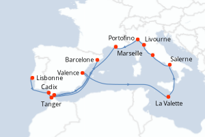 carte itinéraire croisière Méditerranée 18 jours au départ du port de Lisbonne