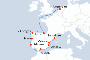 carte itinéraire croisière Méditerranée 13 jours au départ du port de Amsterdam