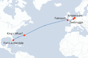 Carte de l'itinéraire de croisière Amsterdam-Fort Lauderdale d'une durée de 13 jours